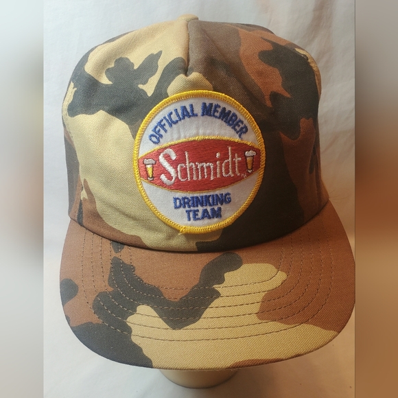 Schmidt Offucial Member Drinking Team Distresses Camo Cap Vtg 70's Made In USA
